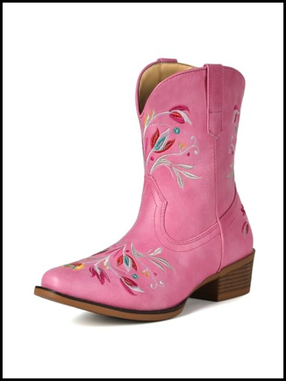Faux Leather Western Ankle Boots Floral Embroidered Snip Toe